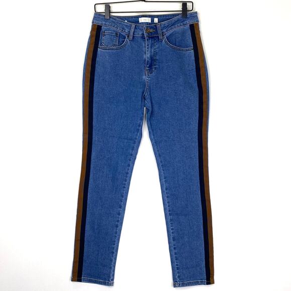 A Loves A Tuxedo Stripe Jeans Womens Sz 28 Blue Mid Rise Straight Leg Stretch - Picture 1 of 9